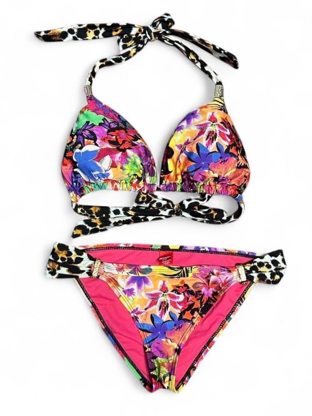 2010 Bongo Vibrant Floral & Leopard Trim Bikini with gold hardware